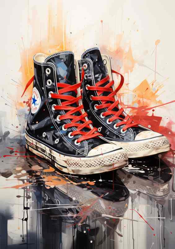 Black Sneaker on Splattered Surface | Red Laces