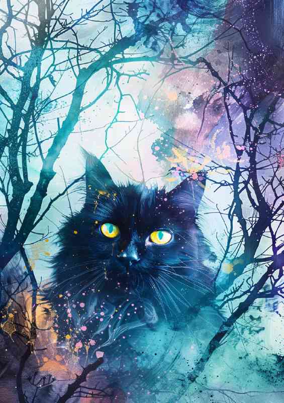 Black furry cat in woods