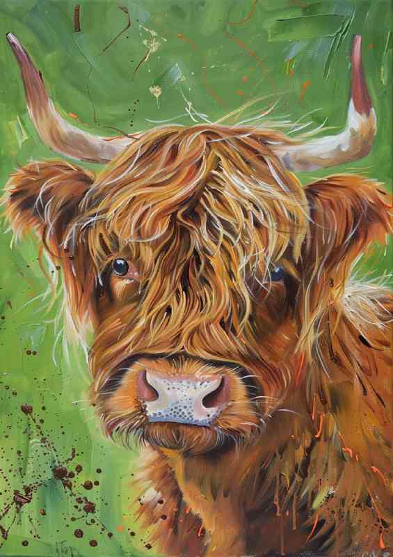 Brown heffa cow in a green field painted style
