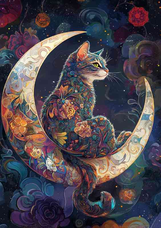 Cat sat on the moon intricate patterns