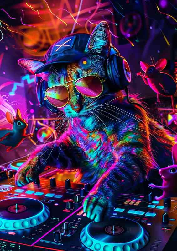 Colorful Cat wearing sunglasses and cap