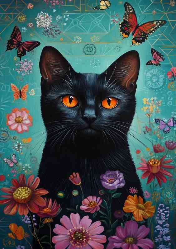 Colourful black cat and butterflies flying