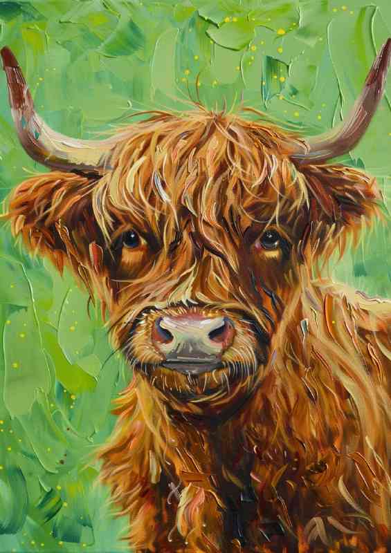 Crazy cow in a oil painting style green grass
