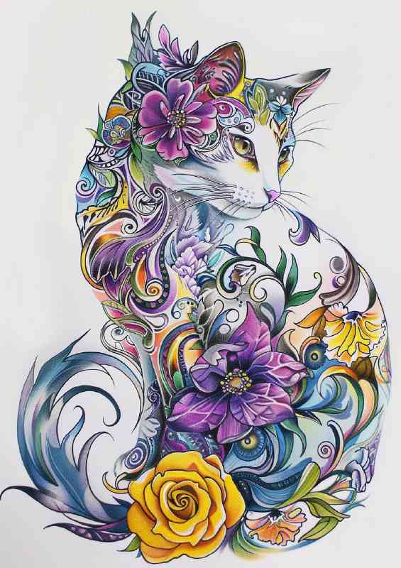 Detailed cat in tatto form with flowers