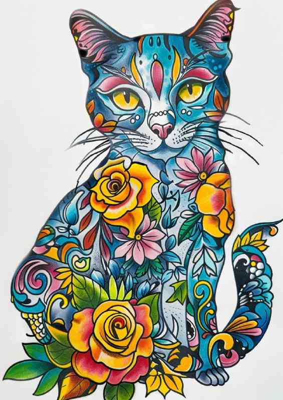 Floral coloured tattoo cat