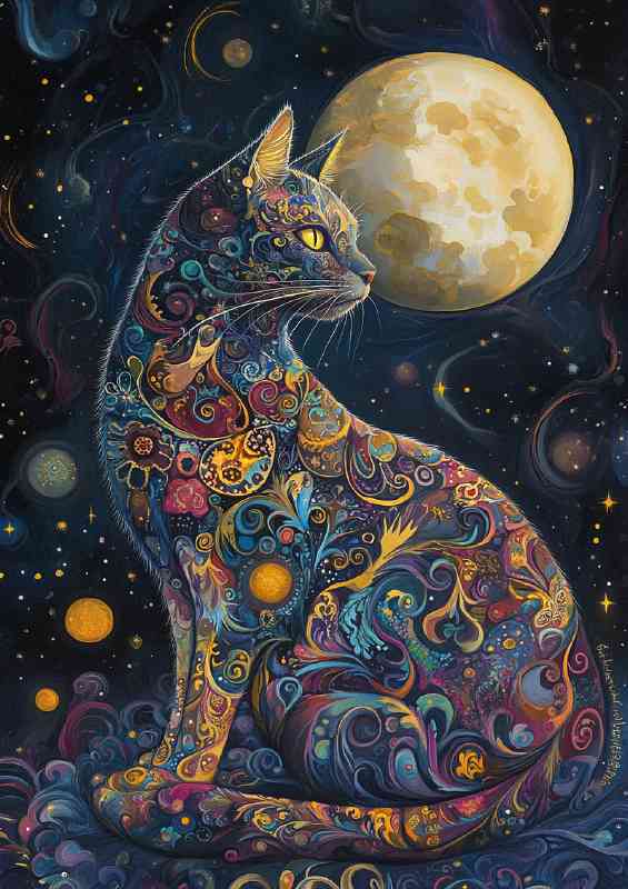 Full bodt cat night moon with swirls