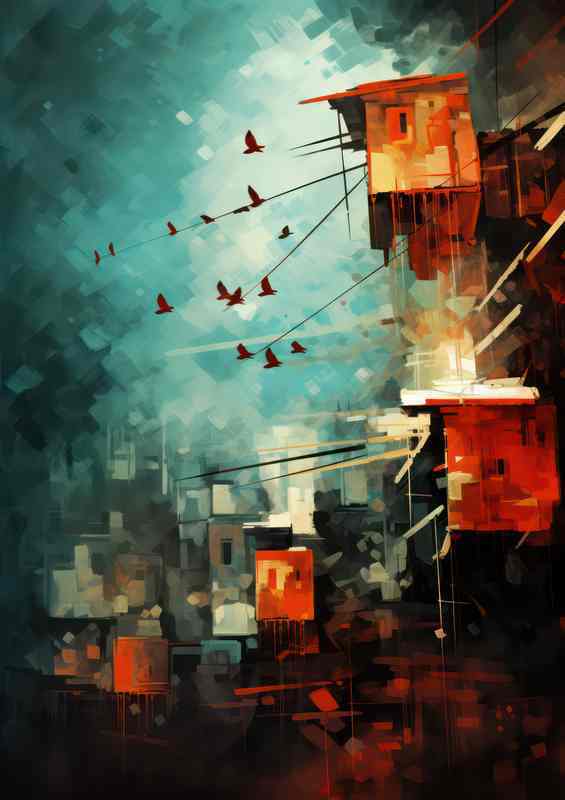 Post Modern town houses with birds flying