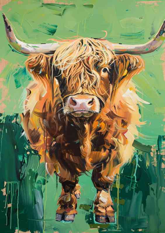Highland cute cow oil painting style green grass