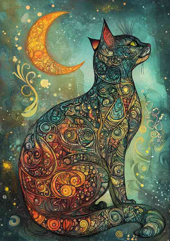 Inked cat colourful with moon