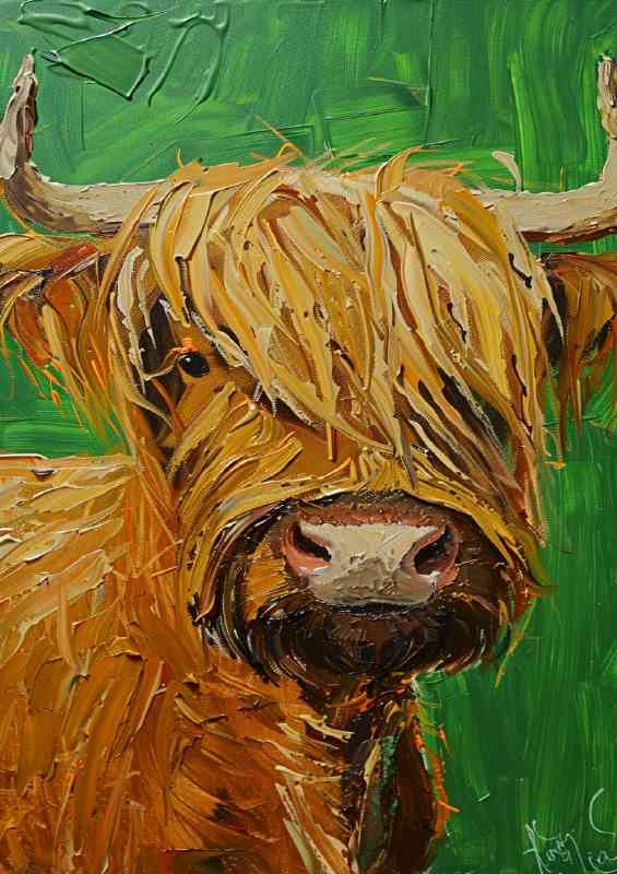 Oil painting style cow green background