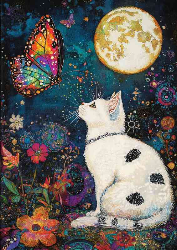 The white cat moon and butterfly