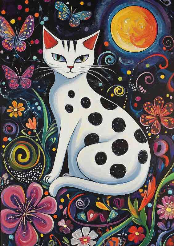 The white spotted cat with swirls and full moon