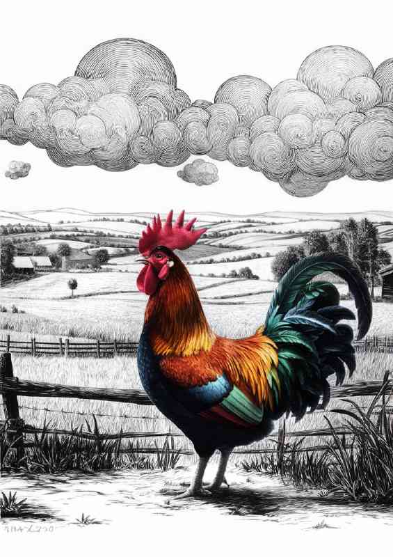 Vividly colored rooster standing