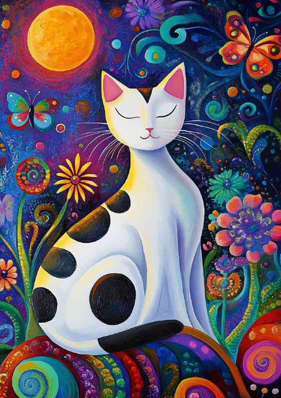 WHite cat with spots and flowers