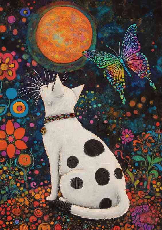 White cat black spots flowers