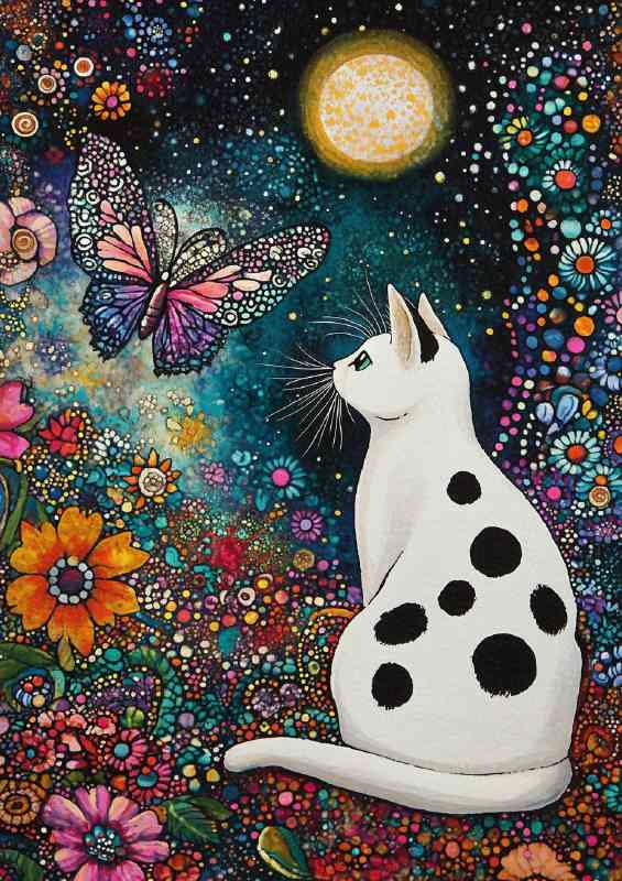 White cat black spots gazing into the night sky