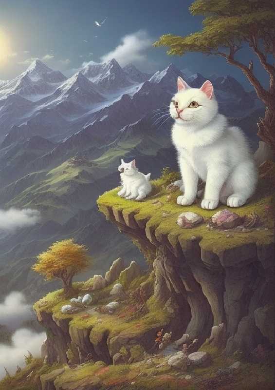 White cat looking over the mountains
