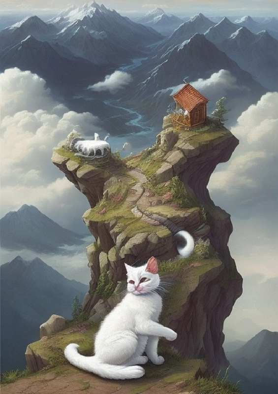 White cute cat on clouds looking at mountains
