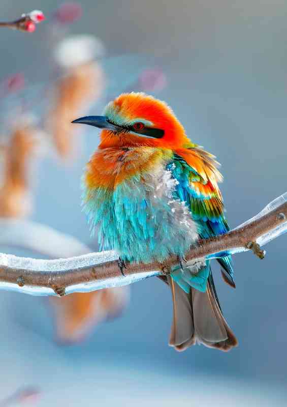 Colourful bird on a icy branch in winter