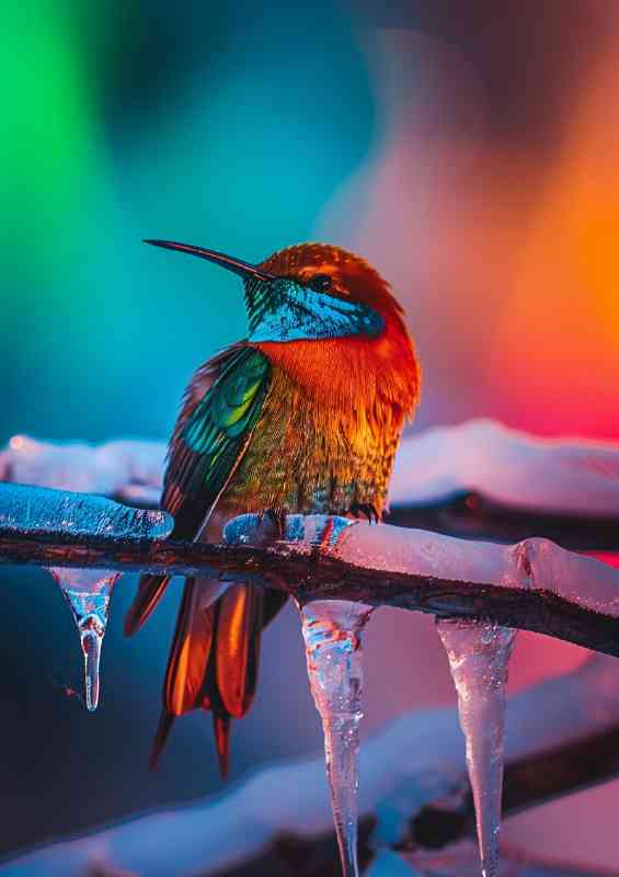 Colourful crystal bird on a frozen branch