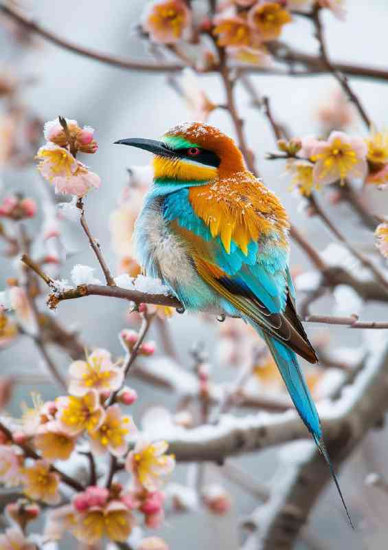 Flowering tree in winter with bird