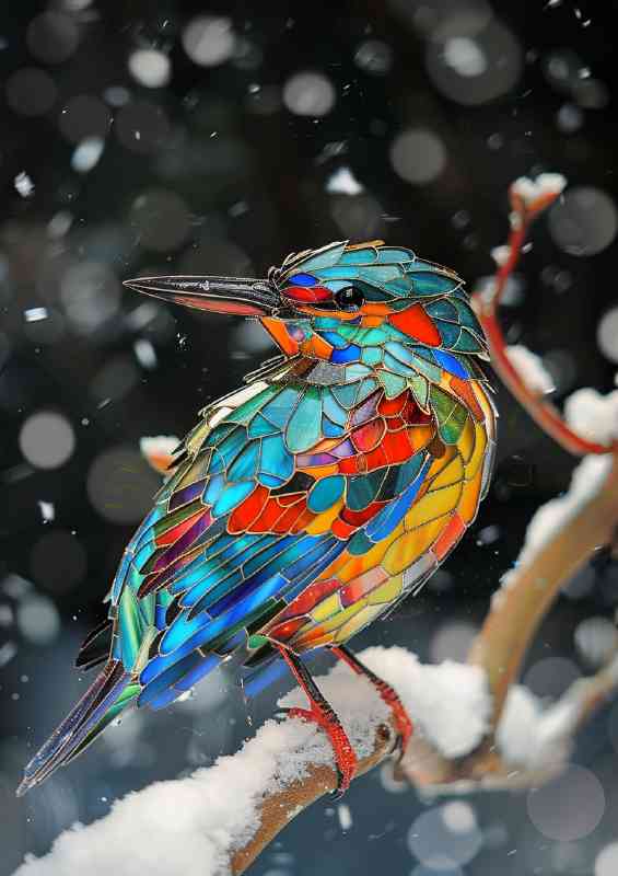 Kingfisher in winter stained glass perched