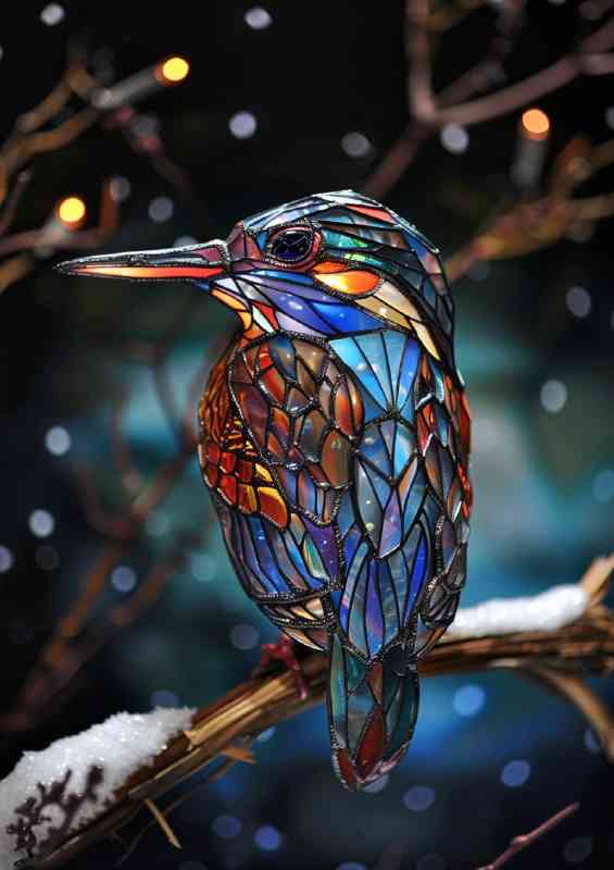 Kingfisher stained glass perched on icy tree