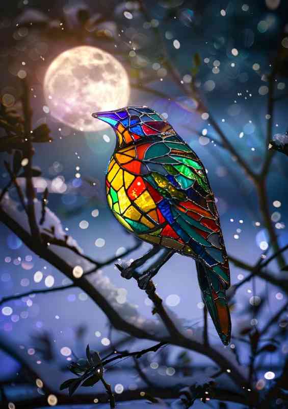 Stained glass bird full moon