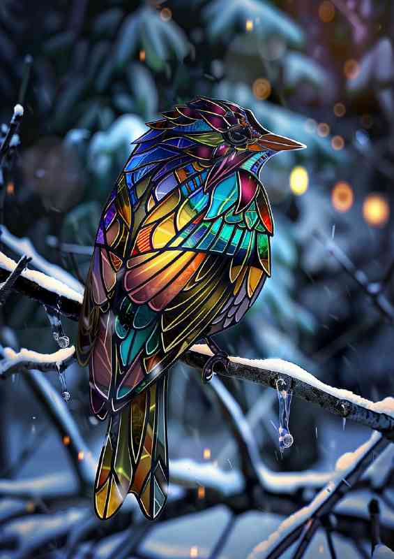 Stained glass bird in the snow