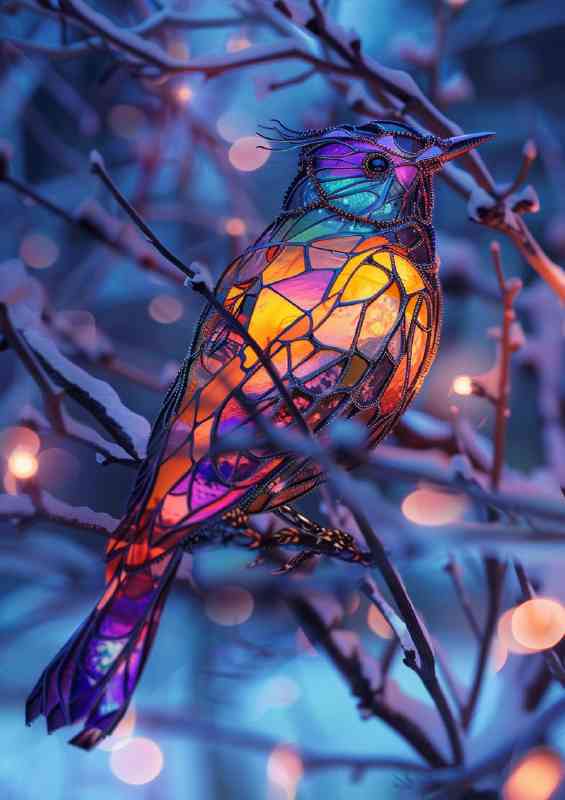Stained glass coulurful bird in winter