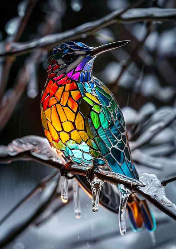 surreal stained glass bird on a icy tree