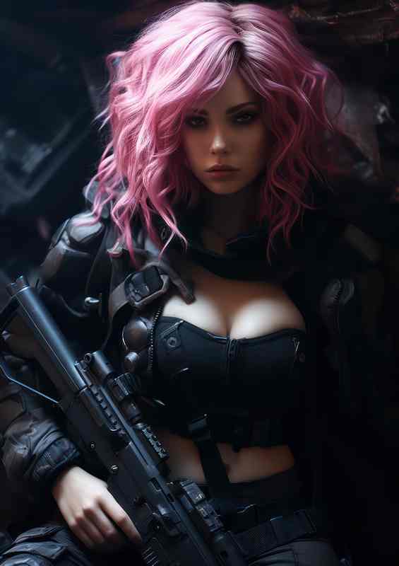 Futuristic Rebel Girl with Pink Locks Armed