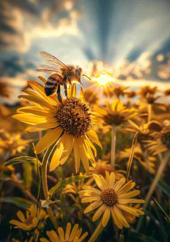 Bee on yellow flowers golden hour