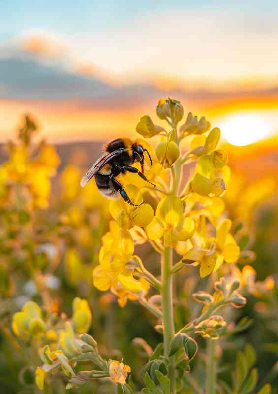 Bee sitting on top of the yellow flowers