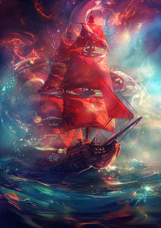 Majestic pirate ship with billowing red sails