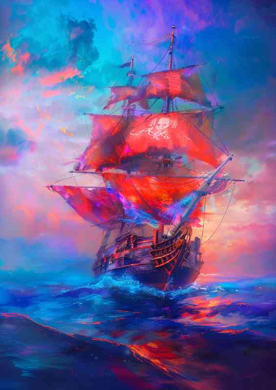Majestic pirate ship with vibrant red sails sailing