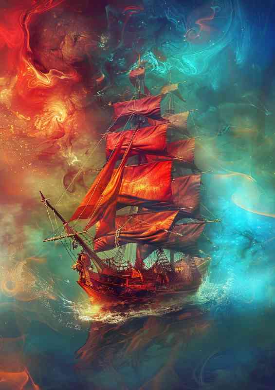 Pirate ship with bright red sails