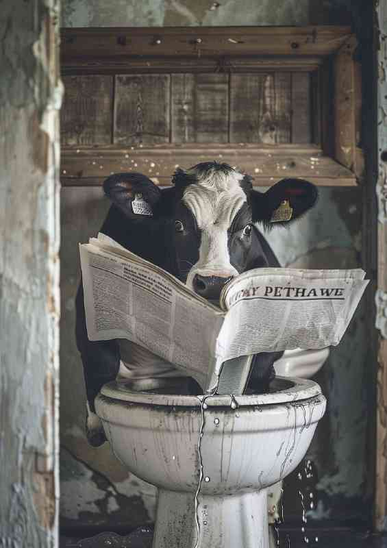Black and white cow reading paper