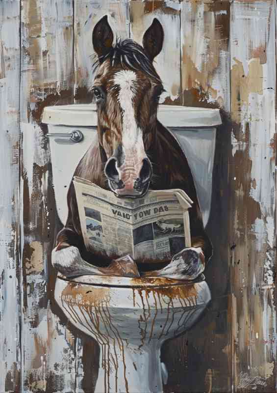 Brown horse reading news on toilet