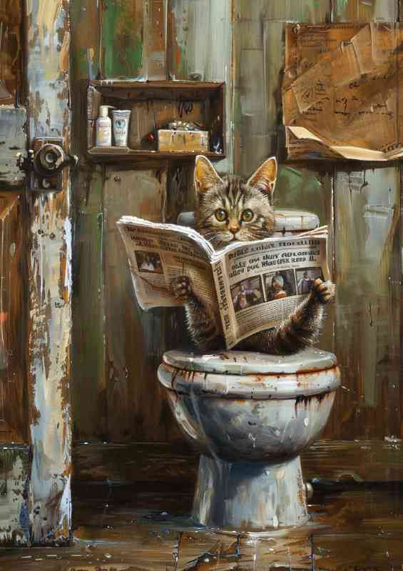 Cat reading newspaper on the toliet