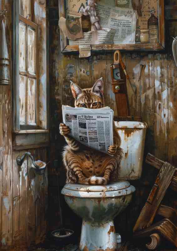 Cat tabby reading on toilet