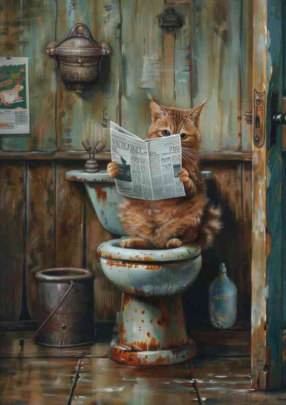 Ginger cat sitting on toilet reading