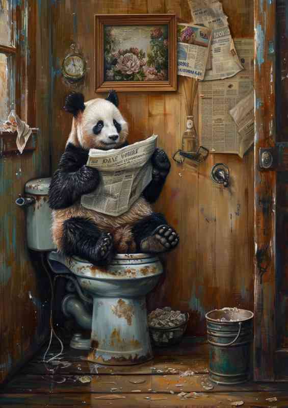 Panda sitting reading the newspaper