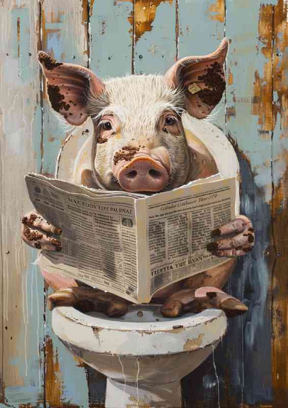 Pink pig sitting on the toilet reading news surreal