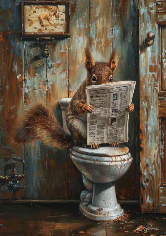 Squirrel on a old toilet reading