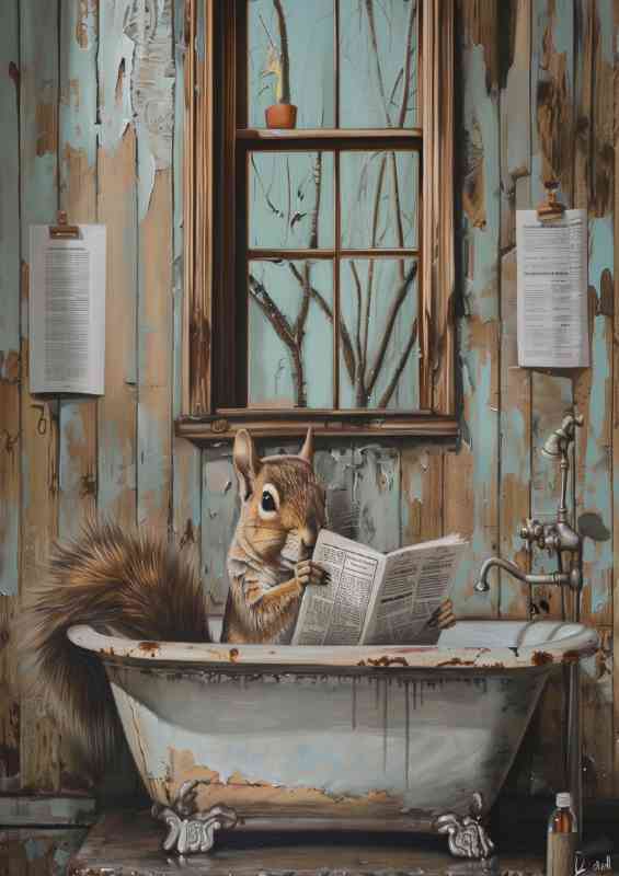 Squirrel taking a bath reading a paper