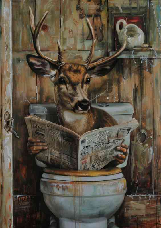 Stag with horns reading newspaper surreal