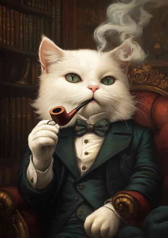 White cat in english suit with pipe