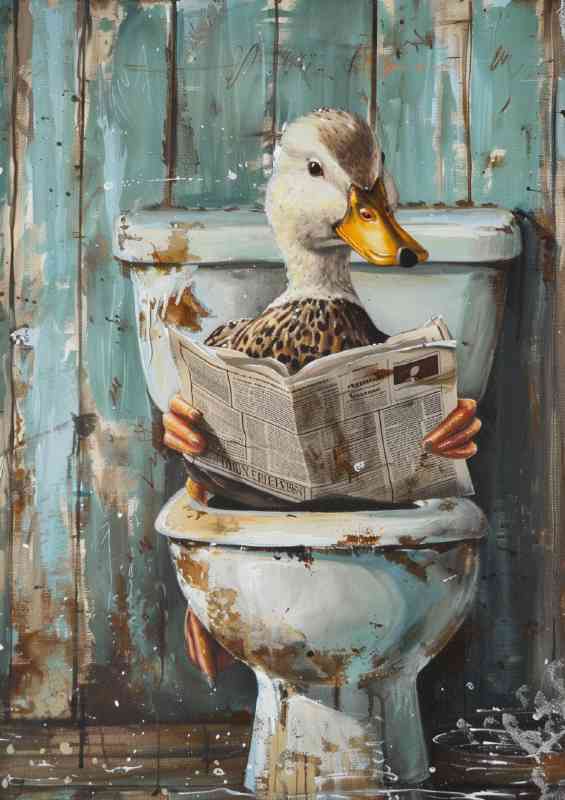 White duck sitting on the toilet reading