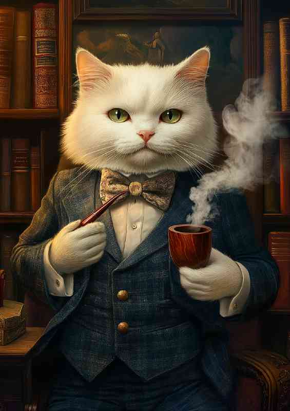 White fur cat in english suit surreal